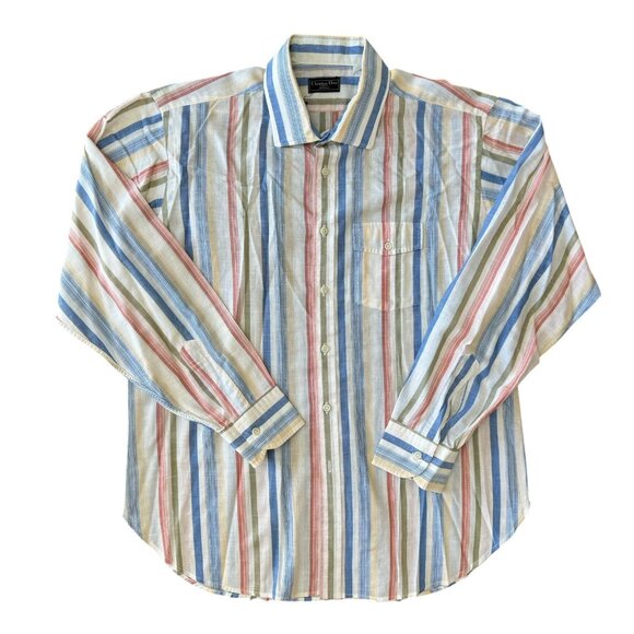 VTG Christian Dior Button Down Shirt Mens XL Lightweight Beachy Striped - Picture 1 of 6